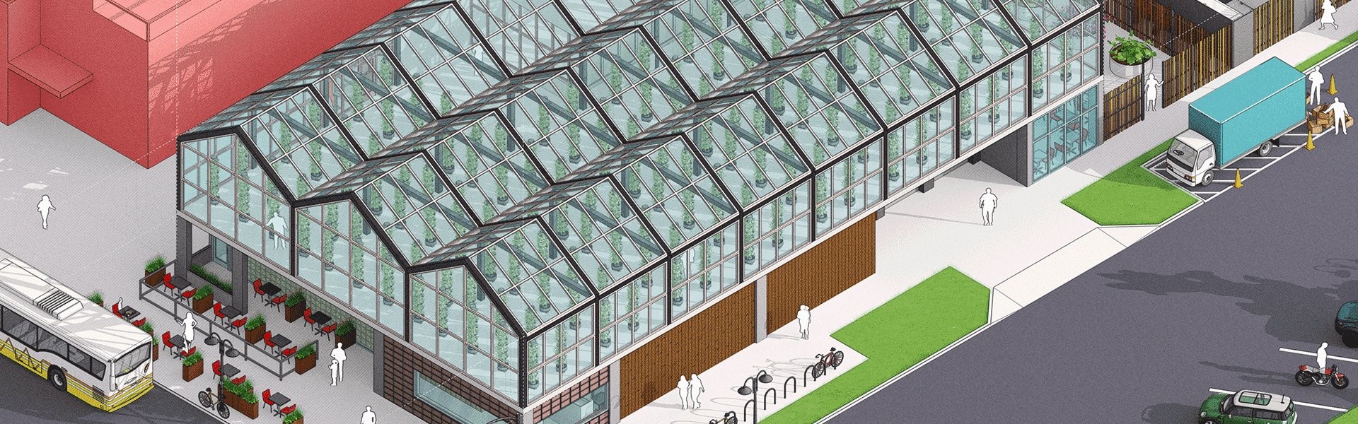 Vue aérienne de la verrière d'un restaurant moderne sous SketchUp 2021