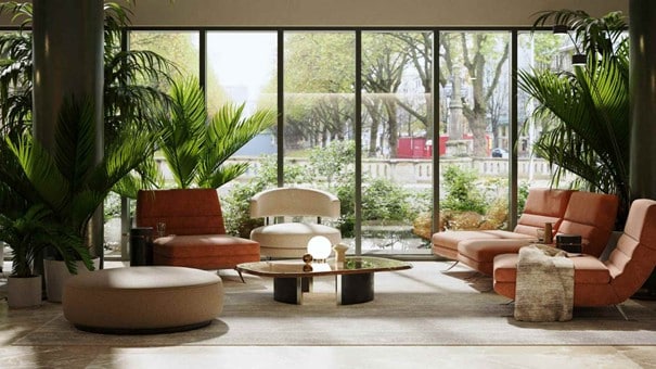 Vue d'un salon moderne avec végétation  intérieure et extérieure